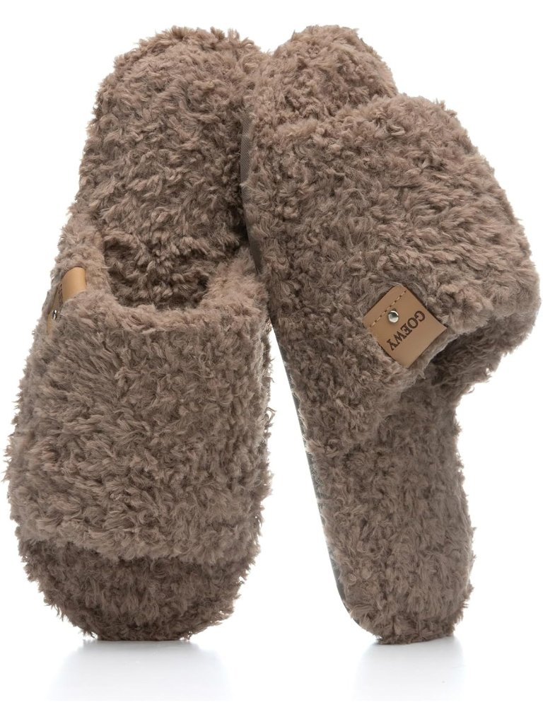 Women's Dark Brown Fuzzy Open Toe Slippers Indoor Cozy Memory Foam Slip On